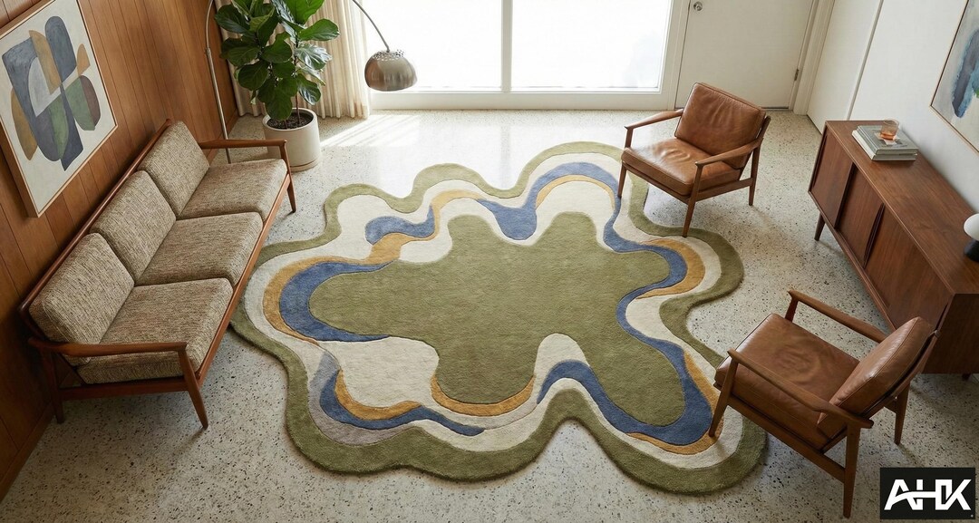 Hand Tufted Wool Rug – Sage Green Abstract Organic Shape, Mid Century ...