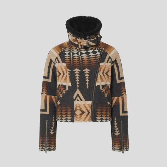 Handmade Crafted Dutton Ranch Beth Dutton Kelly Reilly Aztec Pattern Wool Aviator Jacket with Shearling Collar