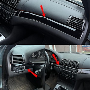 May include: A car dashboard with black trim. The dashboard includes air vents, a stereo, and controls. The trim has a glossy finish, contrasting with the matte black surfaces. The image shows different angles of the dashboard.