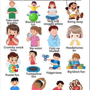Puede incluir: Ilustración colorida titulada "My Brain Break Board" con diversas actividades de relajación. Las imágenes incluyen respiración lenta, diversión con pelota hinchable, abrazar una almohada, columpiarse, comer un bocadillo, beber agua y más.