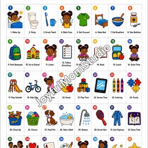 Peut inclure: Une grille de 40 cartes illustrées numérotées intitulée 40 PICTURE CARDS, présentant des dessins colorés d'activités quotidiennes comme se réveiller, se brosser les dents, manger et jouer, avec le texte JoyfulMomStudio en diagonale au centre.