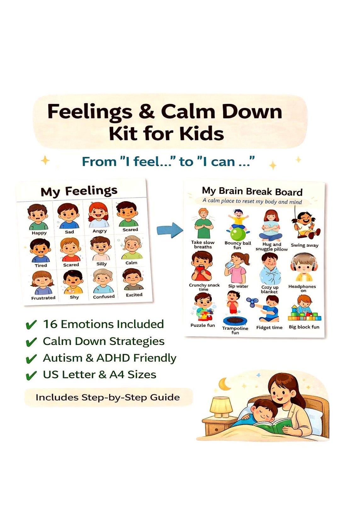 Kids Feelings Chart & Calm Down Kit | Autism ADHD Visual Aid (digital ...