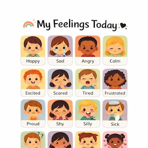 May include: A colorful illustration titled "My Feelings Today" features 16 cartoon children expressing different emotions. Each child is labeled with a feeling such as "Happy," "Sad," "Angry," and "Calm." A rainbow and heart decorate the top.