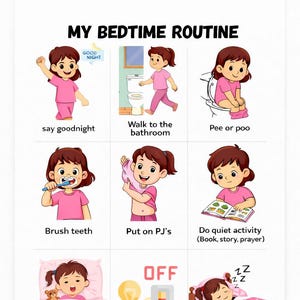 May include: A colorful illustration titled "MY BEDTIME ROUTINE" shows a sequence of actions. The steps include saying goodnight, going to the bathroom, brushing teeth, putting on pajamas, reading, turning off the lights, and going to sleep. Each step features a cartoon child.