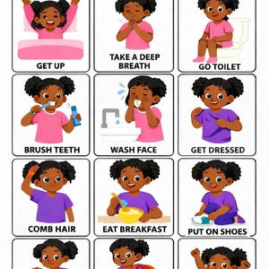 May include: A vibrant illustration shows a child's morning routine in twelve steps. Each square shows an action like "Get Up", "Brush Teeth", and "Ready to Go". The text "MY MORNING ROUTINE" is at the top of the image.