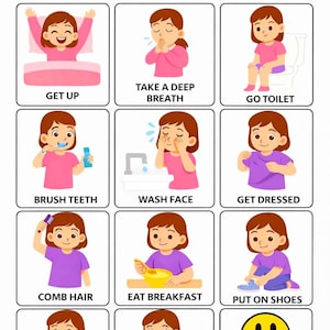 May include: A colorful illustration titled "MY MORNING ROUTINE" depicts a child performing daily activities. The steps include getting up, taking a deep breath, going to the toilet, brushing teeth, washing face, getting dressed, combing hair, eating breakfast, putting on shoes, packing, and a final "HURRAY! I DID IT" with a smiley face.