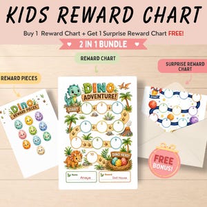 May include: A Kids Reward Chart bundle featuring a Dino Adventure board with numbered circles, a sheet of colorful dinosaur egg reward pieces, and a space-themed surprise reward chart in an envelope with the text Kids Reward Chart.
