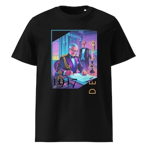 Puede incluir: Camiseta negra con una ilustración colorida de dos hombres con trajes formales, uno firmando un documento. La imagen incluye el texto "BALFOUR DEC" y "1917". El diseño tiene un estilo vintage y artístico con acentos de neón.