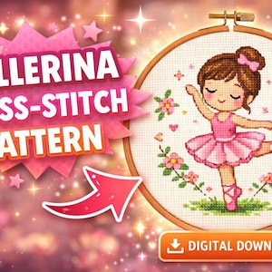 Puede incluir: Un patrón de punto de cruz con una bailarina en tutú rosa y zapatillas de punta, rodeada de flores y corazones. El diseño está enmarcado en un aro de madera. El texto "BALLERINA CROSS-STITCH PATTERN" se muestra de forma destacada.
