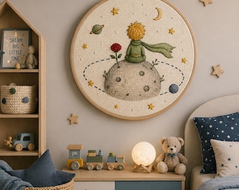 星の王子さまクロスステッチパターン、子供部屋用宇宙装飾、星と惑星の刺繍（PNGダウンロード）