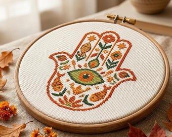 Hamsa Hand of Fatima Cross Stitch PDF | Autumn Orange Evil Eye | DMC | Instant Download | Pattern Keeper Compatible
