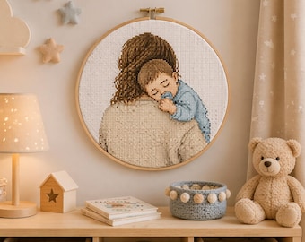 Patrón de punto de cruz para bebé durmiendo, arte minimalista moderno para habitación infantil (descarga en PDF)