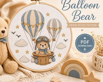 Modèle de point de croix avec ours en forme de montgolfière, broderie de montgolfières en peluche (téléchargement PDF et PNG)