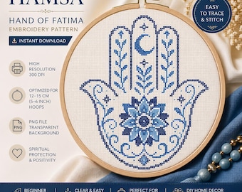 Patrón de bordado de la mano de Hamsa, diseño de la Mano de Fátima, descarga digital de arte en aro con ojo turco azul