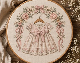 Patrón de punto de cruz para vestido de bebé, decoración floral para habitación infantil, recuerdo estilo cottagecore (descarga instantánea)