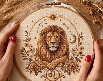 獅子座のクロスステッチパターン｜天上のライオンの刺繍、DMCカラー