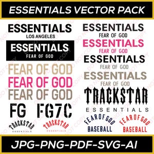 May include: A vector pack graphic with the text "ESSENTIALS VECTOR PACK" at the top. The design includes various text elements such as "ESSENTIALS," "FEAR OF GOD," and "TRACKSTAR" in different fonts and colors. File formats include JPG, PNG, PDF, SVG, and AI.