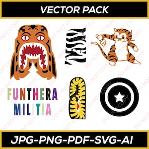 Könnte beinhalten: Ein Vektorpack-Grafik mit Tiger-Designs. Enthält ein Tigergesicht, Tigerstreifen, einen Zeichentiger, einen Tigerkopf und ein Schild mit einem Stern. Der Text "FUNTHERA MILITIA" ist ebenfalls vorhanden. Das Bild enthält auch den Text "VECTOR PACK" und "JPG-PNG-PDF-SVG-AI".