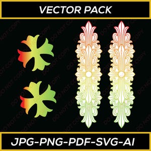 Könnte beinhalten: Ein Vektor-Pack-Grafikdesign mit schwarzem Hintergrund. Das Design umfasst zwei blütenartige Formen mit roten, gelben und grünen Farbverläufen sowie zwei verzierte vertikale Designs mit einem ähnlichen Farbverlauf. Der Text "VECTOR PACK" und Dateitypoptionen sind ebenfalls enthalten.