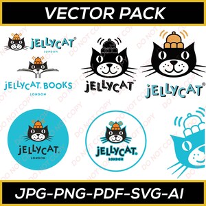 Könnte beinhalten: Ein Vektor-Paket mit verschiedenen Jellycat-Logos. Die Logos zeigen eine schwarze Katze mit Krone, den Text "JELLYCAT" und "JELLYCAT BOOKS LONDON". Das Bild enthält auch den Text "VECTOR PACK" und "JPG-PNG-PDF-SVG-AI".