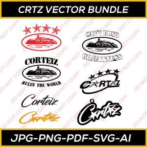 Op de afbeelding: Een vectorbundelafbeelding met de tekst "CRTZ VECTOR BUNDLE". De afbeelding bevat meerdere ontwerpen, waaronder tekst en illustraties van een gebouw, sterren en het woord "CORTEIZ". Formaten zijn JPG, PNG, PDF en SVG.