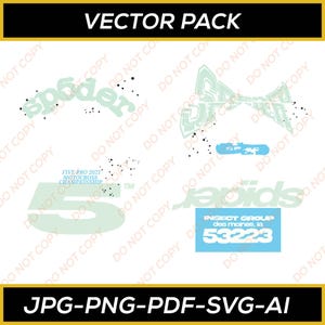 Könnte beinhalten: Ein digitales Vektor-Pack-Grafik mit dem Text "VECTOR PACK" in Weiß auf schwarzem Hintergrund. Das Bild enthält verschiedene grafische Elemente, wie das Wort "spider" und die Zahl "5". Das Bild enthält auch die Dateitypen: JPG, PNG, PDF, SVG und AI.