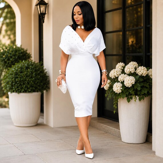 plus size white bodycon midi dress Elegant Pearl Detail for Women – Puff Sleeve Cocktail Party Dress – Wedding Guest Dress – Evening Outfit Mini Dress 2000s - fabric-None Color:GEOMETRC Hand Wash Cold