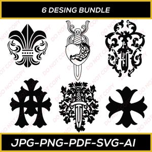 May include: A black and white design bundle featuring six different ornate graphic elements. The designs include a fleur-de-lis, a dagger with a heart, and various cross and scroll patterns. Text at the top reads "6 DESING BUNDLE" and at the bottom "JPG-PNG-PDF-SVG-AI".
