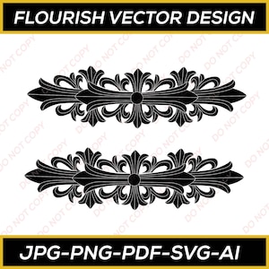 Könnte beinhalten: Schwarze Flourish-Vektor-Designelemente. Das Bild zeigt zwei symmetrische dekorative Elemente mit aufwendigen floralen und scrollartigen Mustern. Der Text "FLOURISH VECTOR DESIGN" und "JPG-PNG-PDF-SVG-AI" sind ebenfalls vorhanden.