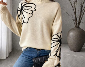 Suéter de punto extragrande para mujer, suéter con bordado de mariposa, jersey cómodo de otoño, jersey holgado informal, top de estilo streetwear estético