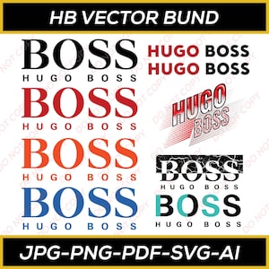 Könnte beinhalten: Ein digitales Grafikdesign-Bundle mit verschiedenen "BOSS"- und "HUGO BOSS"-Logos in Schwarz, Rot, Orange, Blau und Türkis. Die Logos werden in verschiedenen Stilen präsentiert, mit "HB VECTOR BUND" oben und Dateitypoptionen unten.