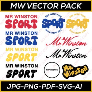 Könnte beinhalten: Ein Vektor-Paket mit verschiedenen "Mr. Winston" und "Sport" Logo-Designs in Rot, Blau, Gelb und Schwarz. Das Paket enthält verschiedene Dateiformate: JPG, PNG, PDF, SVG und AI.