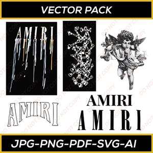 Puede incluir: Un diseño gráfico de paquete vectorial con la palabra "AMIRI" en varios estilos, incluyendo un efecto de goteo y una fuente clásica. El paquete también incluye una ilustración en blanco y negro de un querubín y un diseño de huesos. También se incluye el texto "VECTOR PACK" y los tipos de archivo.
