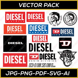 Op de afbeelding: Een verzameling Diesel-logo's en merkelementen in verschillende ontwerpen. De logo's tonen het woord "DIESEL" in rood, wit en zwart, samen met de tekst "FOOTWEAR", "FOR SUCCESSFUL LIVING", "RADIO DSL", "PARFUME" en "DENIM DIVISION". De afbeelding bevat ook de tekst "VECTOR PACK" en bestandsinfo.