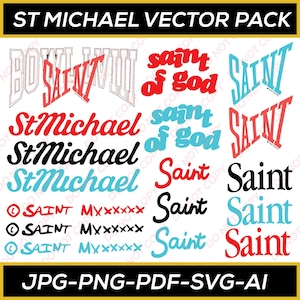 Könnte beinhalten: Eine Sammlung von Vektorgrafiken mit den Texten "St Michael" und "Saint" in verschiedenen Schriftarten und Farben, darunter Rot, Schwarz und Blau. Das Bild enthält auch den Text "saint of god" und Dateitypoptionen.