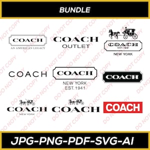 Op de afbeelding: Een verzameling Coach-logo's in zwart en wit, sommige met een paard en wagen. De logo's tonen de tekst "COACH", "OUTLET", "NEW YORK" en "AN AMERICAN LEGACY". De afbeelding bevat ook de tekst "BUNDLE" en bestandstype-opties.