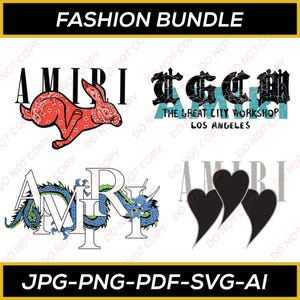 May include: A fashion bundle graphic with the text "FASHION BUNDLE" at the top. The image includes four designs: a rabbit with a bandana, the word "TECH" with "THE GREAT CITY WORKSHOP LOS ANGELES", a dragon, and three black hearts. The bottom text reads "JPG-PNG-PDF-SVG-AI".