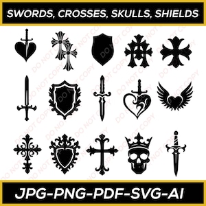 May include: Black and white graphic illustrations of swords, crosses, shields, and a skull with a crown. The image includes text that reads "SWORDS, CROSSES, SKULLS, SHIELDS" and "JPG-PNG-PDF-SVG-AI".