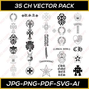 Könnte beinhalten: Ein Schwarz-Weiß-Vektor-Paket mit 35 Designs. Die Designs umfassen Kreuze, Fleur-de-Lis, Herzen und Text mit der Aufschrift "Chrome Hearts" und "U.S.A.". Das Bild enthält auch den Text "35 CH VECTOR PACK" und Dateitypoptionen.