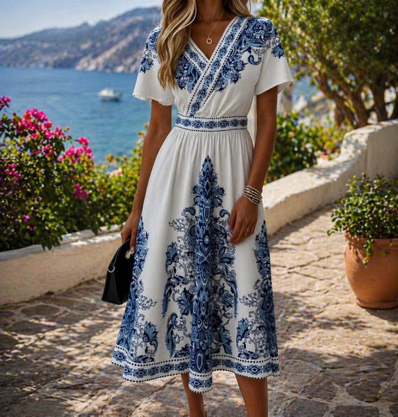 blue and white floral midi dress Elegant & * Summer Wrap Dress * Vacation Outfit * Flowy A-Line Dress * Beach Brunch Dress * Gift for Her Size:US 12 / UK 16 / EU 42 Black Gold Button Tailored 6 drawer tall dresser Formal dress tailored fit