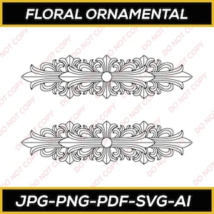 Könnte beinhalten: Zwei symmetrische florale Zierdesigns in Schwarz und Weiß. Die Designs weisen ein zentrales kreisförmiges Element mit verzierten, stilisierten floralen Mustern auf, die sich nach außen erstrecken. Der Text "FLORAL ORNAMENTAL" steht oben und "JPG-PNG-PDF-SVG-AI" unten.