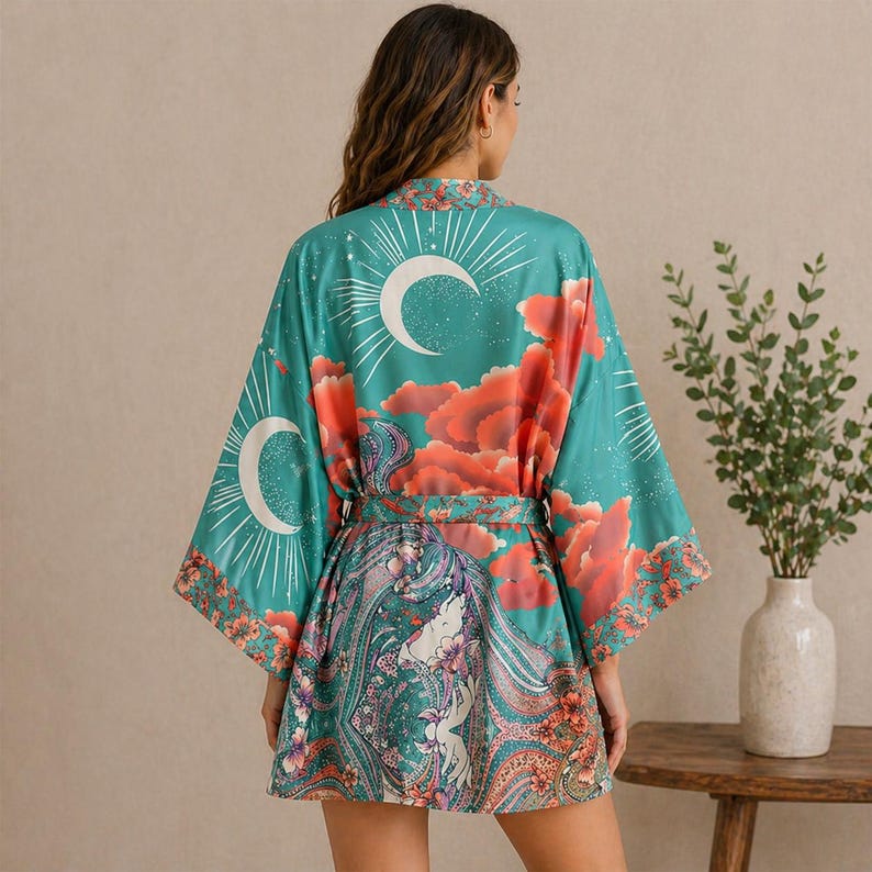 Boho Kimono Robe, Celestial Moon & Floral Kimono Cardigan, Beach Cover ...