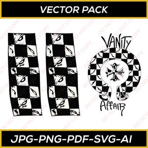 Könnte beinhalten: Ein Vektorpack-Grafik mit schwarz-weißen Schachbrettmustern und den Worten "VECTOR PACK". Enthält ein Design mit dem Text "VANITY AFFAIR" und Dateitypoptionen: JPG, PNG, PDF, SVG und AI.