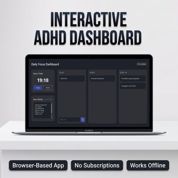 Interactive ADHD Planner, Browser-Based Task Dashboard, Dark Mode (HTML App)