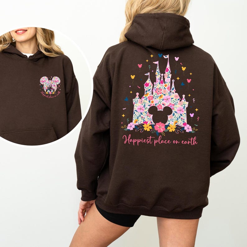 Floral Happiest Place on Earth Sweatshirt, Magic Kingdom Shirt, Minnie Disney Castle Hoodie, Mickey Mouse TShirt, Disney World Trip Tee MC45 image 8
