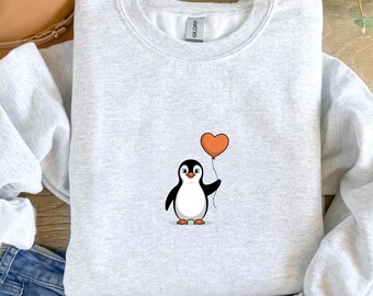 Penguin Valentine Shirt, Penguin Baloon Crewneck Love Shirt, Funny MinimalPenguin Lover Gift, Cute Animal Shirt, Animal Lover Shirt VL28