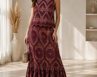 Women’s Summer Boho 2-Piece Set – Sleeveless Ruffle Top & Pleated A-Line Skirt, Exotic Pattern Casual Party Outfit