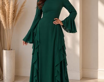Women’s Elegant Long Sleeve Maxi Dress – High Waist A-Line Solid Color Bell Sleeve Casual Long Dress
