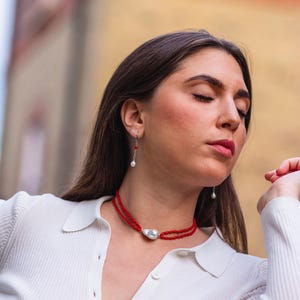 Coral and Baroque Pearl Necklace: Sterling Silver Choker