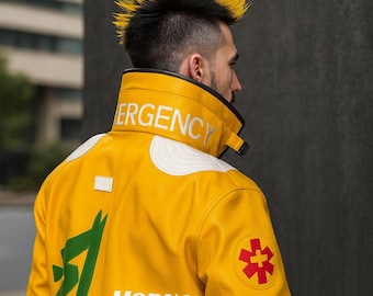 Giacca in pelle cibernetica gialla Edgerunners di David Martinez con colletto a LED.